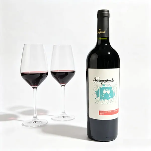 Flasche El Acompañante Malbec Roble Premium 2019 mit zwei Gläsern Rotwein